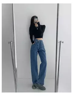 Jeans vintage drapejado de cintura alta feminino, calças de perna reta, jeans drapejado solto - loja online