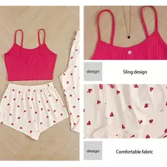 Calções e calças de colete estampado em forma de coração para mulheres, conjunto de pijamas emparelhados, tecido com nervuras para casa, casual, 3 peças - comprar online