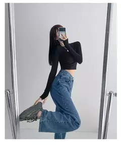 Jeans vintage drapejado de cintura alta feminino, calças de perna reta, jeans drapejado solto - Wolf Magazine