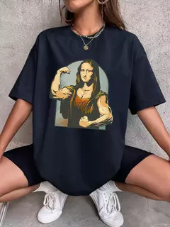 Imagem do Camiseta de algodão de manga curta feminina, estampa fitness, extragrande, casual, solta, jogando jogadores na Mona Lisa