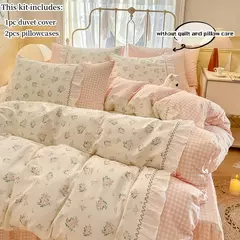 Conjunto de cama coreano para meninas, capa de edredão floral fronha de linho, lençol plano, gêmeo, solteiro, queen size, 3 peças