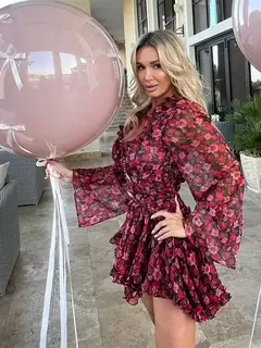 Mini vestido de babados estampado para mulheres, gola V elegante, mangas compridas, vestidos curtos finos, streetwear feminino, moda verão, 2024 - comprar online