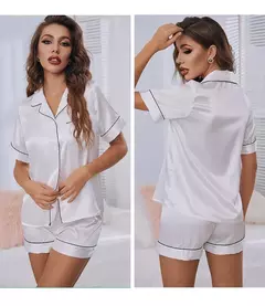 Conjunto de pijamas de cetim de seda feminino, conjunto de pijamas de duas peças, manga curta, loungewear button-down