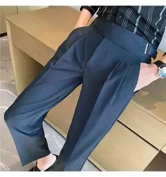 Imagem do Estilo britânico dos homens de cintura alta vestido casual calça masculina cinto design calças finas formal escritório social vestido de festa de casamento terno calças