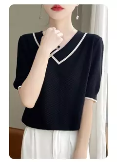 Camisa polo de malha de manga curta 100% lã pura, camiseta casual de lapela, camisa retrô fina, verão, 2024 - comprar online