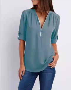 Blusa feminina profunda com gola V, tops femininos, pulôver sexy com zíper, moda casual, camisa solta legal, plus size, venda quente, 2024 - loja online