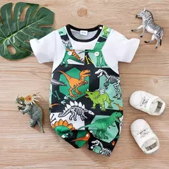 Fato de dinossauro bonito do recém-nascido, roupa de bebê, estampa completa, macio, meninos e meninas, manga curta, alça falsa, verão, 0-18 - Wolf Magazine