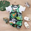 Fato de dinossauro bonito do recém-nascido, roupa de bebê, estampa completa, macio, meninos e meninas, manga curta, alça falsa, verão, 0-18