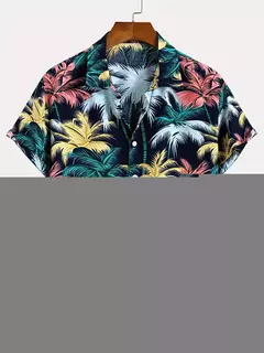 Camisa de lapela masculina de manga curta, estilo havaiano, padrão tropical de coqueiro, tops grandes, férias de verão - comprar online