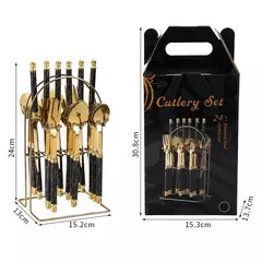 Imagem do Louça de aço inoxidável com contas duplas, Rack com alça de plástico, faca de bife, garfo e colher, presentes high-end, 24PCs
