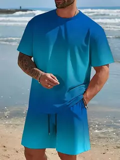 Imagem do Camiseta de praia havaiana masculina, conjunto de 2 peças, manga curta, estampa palmeira, decote em O, moda exterior, casual, verão