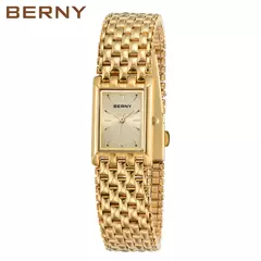 BERNY-Relógio quartzo em aço inoxidável feminino, relógio de pulso quadrado feminino, pequeno relógio de ouro, moda casual e luxo