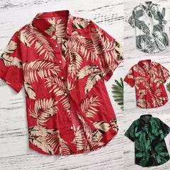 Camisa estampada de folhas havaianas masculina, feriado, manga curta, vermelho, gola virada para baixo, férias, tops de praia, roupa - Wolf Magazine