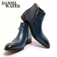 Bota clássica de couro real masculina, botas básicas azuis, sapato de vestido - comprar online