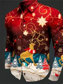 Imagem do Camiseta masculina de manga comprida de árvore de Natal, estampada em todo o lado, gráfico floco de neve, camisas casuais, blusa de Natal, plus size