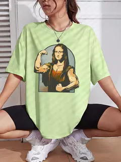 Camiseta de algodão de manga curta feminina, estampa fitness, extragrande, casual, solta, jogando jogadores na Mona Lisa - comprar online