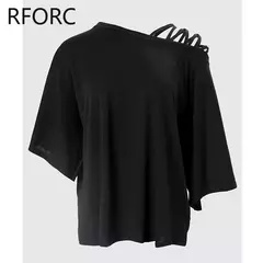 Blusa chique de um ombro feminina, manga batwing sólida, Off Criss Cross, tops soltos, 2021 na internet