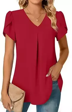 Blusa sexy com plissado e v pescoço para as mulheres, camisa de manga curta, cor sólida, solto, roupas de trabalho, verão, sze-st23015 - Wolf Magazine
