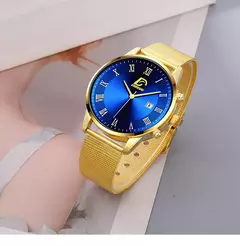 Homens de aço inoxidável malha cinto relógio de quartzo, calendário relógios, colar masculino, relógio de pulso, ouro, luxo, negócios, moda, 2pcs set