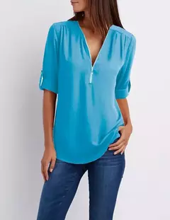 Blusa feminina profunda com gola V, tops femininos, pulôver sexy com zíper, moda casual, camisa solta legal, plus size, venda quente, 2024 - Wolf Magazine
