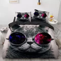 Conjunto de cama 3D gato para meninas e meninos, edredão de poliéster, fronha,