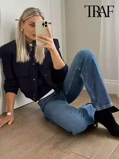 TRAF-Jaqueta bomber feminina de manga comprida com bolsos, casacos vintage, botão frontal, casacos casuais femininos, tops chiques, moda na internet