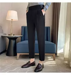 Estilo britânico dos homens de cintura alta vestido casual calça masculina cinto design calças finas formal escritório social vestido de festa de casamento terno calças - comprar online
