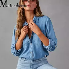 Camisa jeans fina de peito único feminina, bolso de emenda, manga longa, tops de lapela, confortável, blusa casual para mulheres, outono - Wolf Magazine