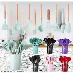 Conjunto de utensílios de cozinha com cabo de madeira, cozinhar ferramentas, utensílios de cozinha, pá, colher, prático, comestível, madeira, 12pcs