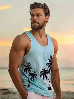 Camisola regata havaiana masculina, camiseta sem mangas, festa na praia, fitness ao ar livre, estampa 3D palmeira, verão, novo, 2022 na internet