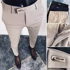 Imagem do Calça formal de negócios casual masculina, slim fit, cor sólida, terno de festa de casamento, escritório, verão