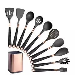 Imagem do Conjunto De Utensílios De Cozinha De Silicone Resistente Ao Calor, Espátula, Colher, Ferramentas Antiaderentes, Alça Banhada A Ouro Rosa, Suporte, Presente De Cozinha