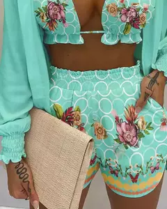 Fato de banho feminino de três peças, moda praia sexy, biquíni de cintura alta, maiô estampado, shorts para cobrir, moda praia de verão, novo 2024 - Wolf Magazine