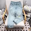Calça harém feminina de cintura alta na moda, jeans estilo coreano, emagrecedora, solta, rasgada, 9 pontos, nova chegada, outono