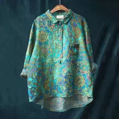 Sardinha de peixe retrô casual feminina arte camisa de bolso manga longa, camisas estampadas estilo havaiano, tops com gola v, verão