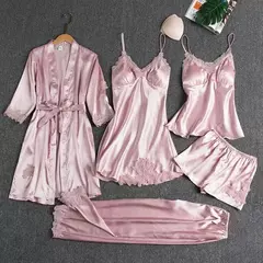 Conjunto de pijama feminino, roupão de seda, roupa de dormir, cami com decote em v, pijamas, pijamas, camisola primavera, 5 peças - Wolf Magazine