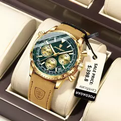 POEDAGAR-Relógio de pulso de couro masculino, Quartzo, Impermeável, Luminoso, Data, Cronógrafo, Militar, Esportes, Luxo - loja online