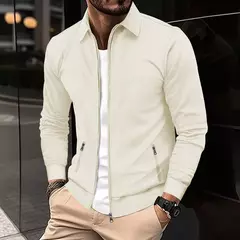 Imagem do Jaqueta waffle de manga comprida masculina, monocromática, com zíper, bolso, cardigã lapela, gola polo casual, outdoor wear, primavera e outono
