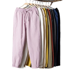 Calça feminina harém de linho algodão, elástico sólido na cintura, cores doces, calça casual feminina, primavera, verão na internet