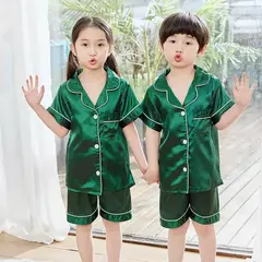 Conjunto de pijamas de cetim de seda infantil pijamas de bebê pijamas pijamas cor sólida, terno infantil, meninos, meninas, outono na internet