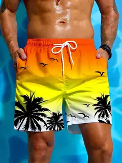 Imagem do Homens com estampa palmeira com cordão cintura calções de bordo, moda sunga respirável streetwear curto, estampa 3D, férias de verão