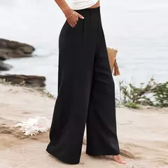Calça larga de linho de algodão feminina, comprimento total, casual, monocromática, solta, cintura alta, reto, botão, verão - comprar online
