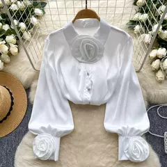 Imagem do Elegante cetim tridimensional flor manga longa lapela blusa chique vintage moda colheita topo feminino camisas de outono roupas