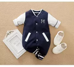Imagem do Macacão bebê manga comprida, Terno de beisebol meninos e meninas, Conjunto macio de algodão bordado carta, 0-18m, 1 pc set