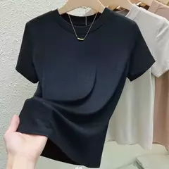 Camiseta de manga curta de gola redonda feminina, blusa casual, camiseta monocromática, plus size, roupas sexy e finas, moda verão - Wolf Magazine