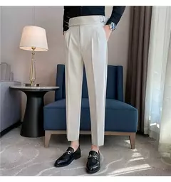 Estilo britânico dos homens de cintura alta vestido casual calça masculina cinto design calças finas formal escritório social vestido de festa de casamento terno calças - Wolf Magazine