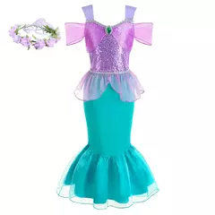 Meninas roxo-azul sereia ariel cosplay vestido de halloween vestido de festa de aniversário meninas praia vestido de férias na internet
