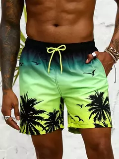 Imagem do Calções gráficos de palma estampados em 3D masculino, calção de gelo solto, planta vintage, verão, calção de natação respirável havaiano