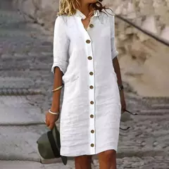 Saia Midi de Algodão Elegante Feminino, Vestido Casual, Manga Curta, Comprimento Médio, Decote V, Lady Robe, Vestidos de Verão, S-XL, 2022 - loja online