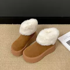 Botas de neve de pele feminina de salto plataforma vintage conforto aumento de altura manter quente algodão botas curtas inverno sapatos de pelúcia femininos - comprar online